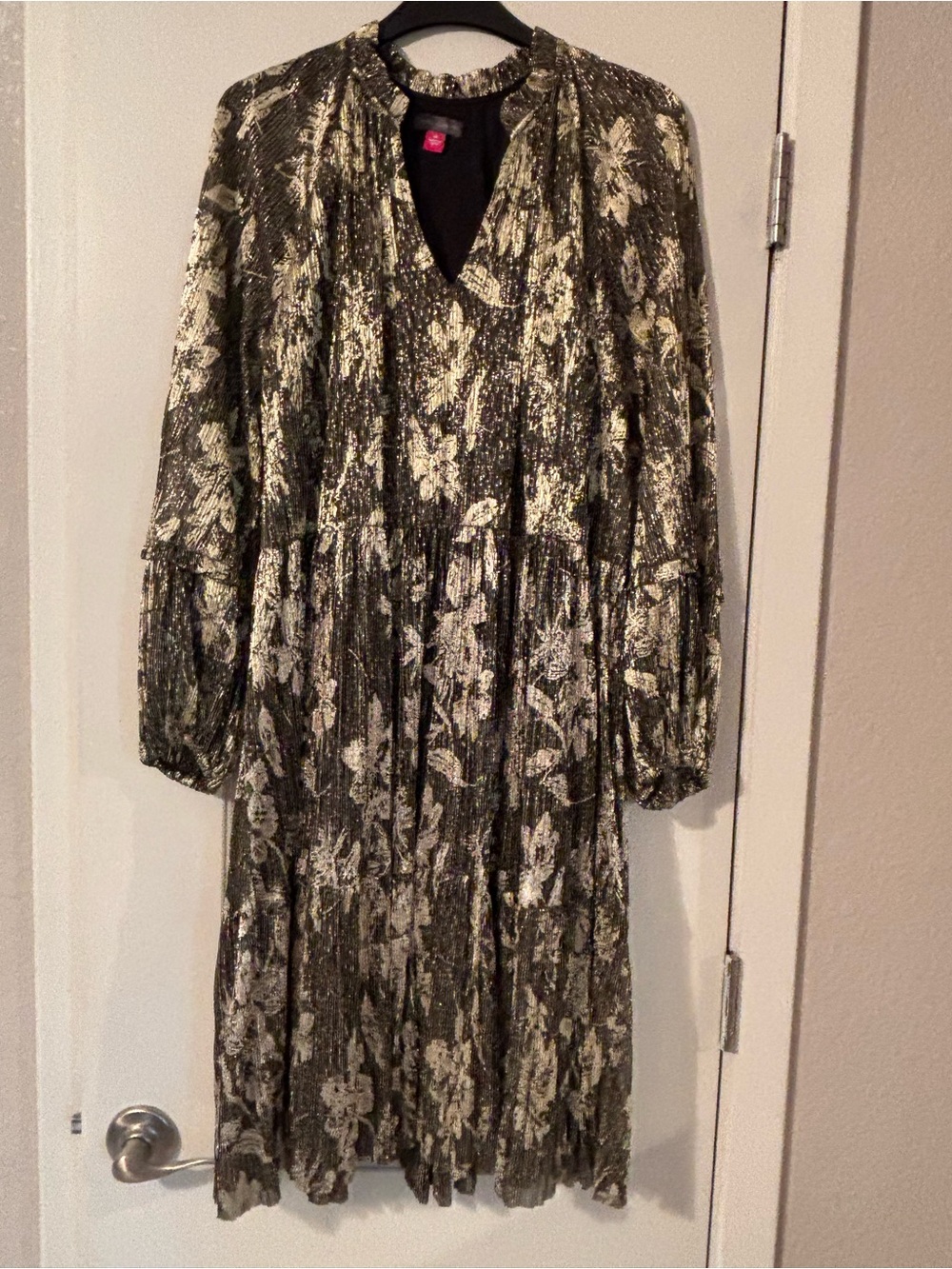 Metallic Floral Long-Sleeve Cocktail Dress